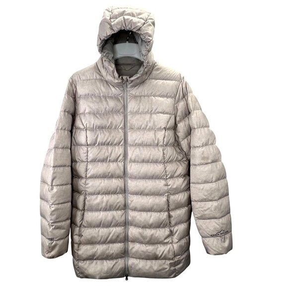 Eddie Bauer CirrusLite 650 Down Puffer Coat Parka L Women Beige Hood Ultralight - Picture 1 of 12